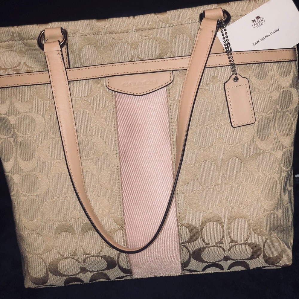 Tan/beige, Light Pink Stripe Coach Purse